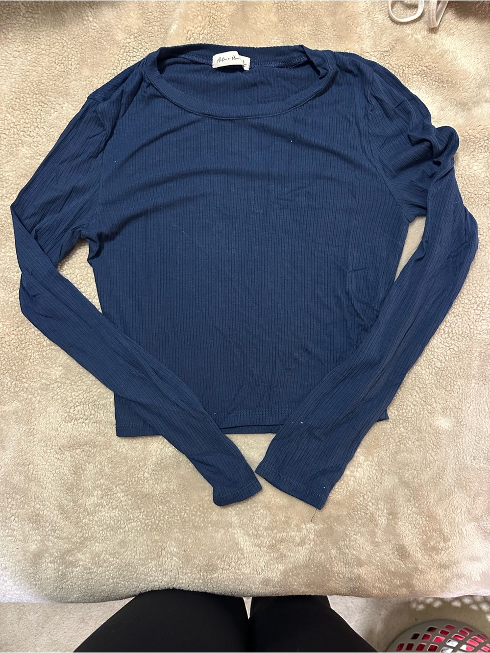 Active USA Ribbed Long-Sleeve Crewneck Top in Navy Blue